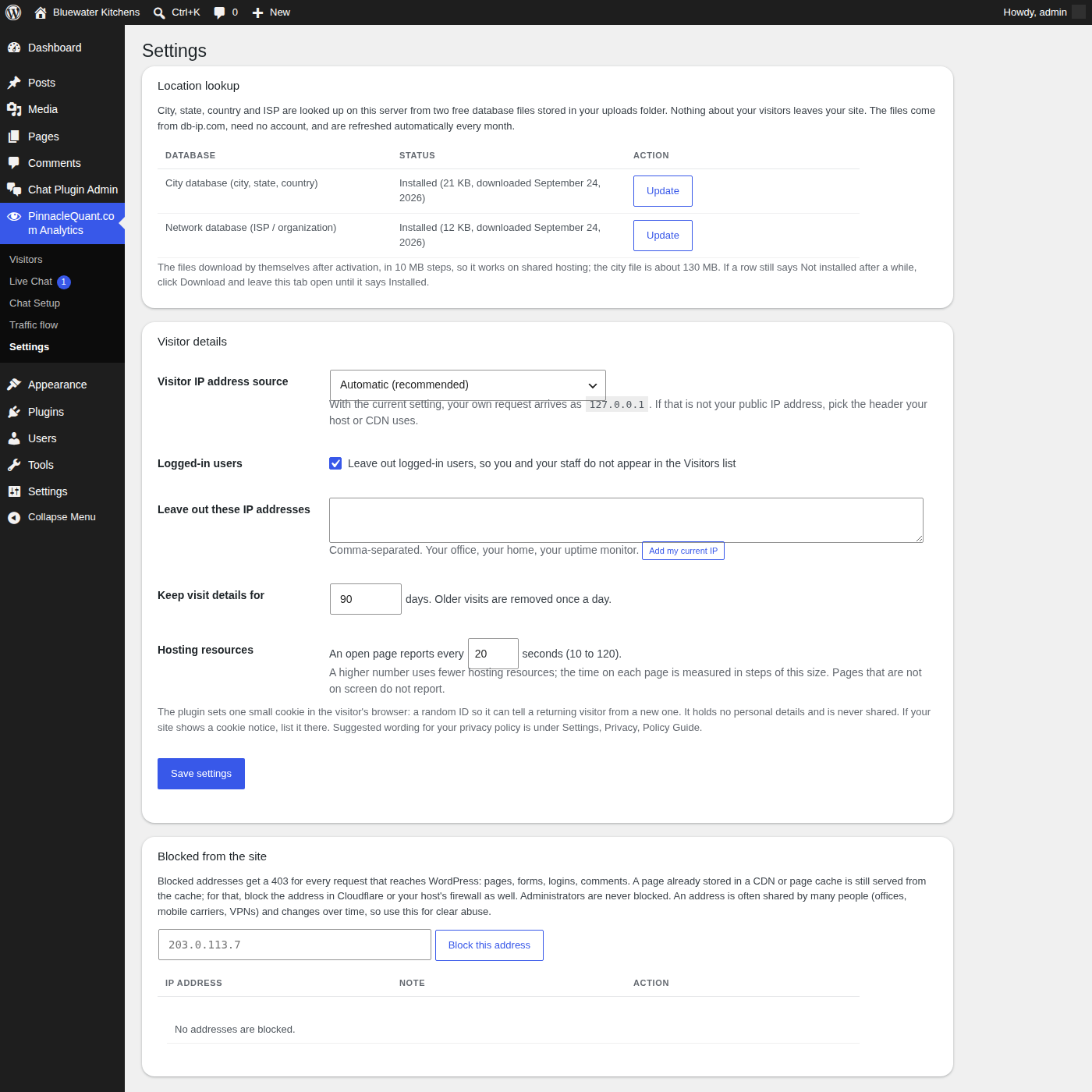 Settings page: leave out your own addresses, block visitors, keep visit details for a chosen number of days