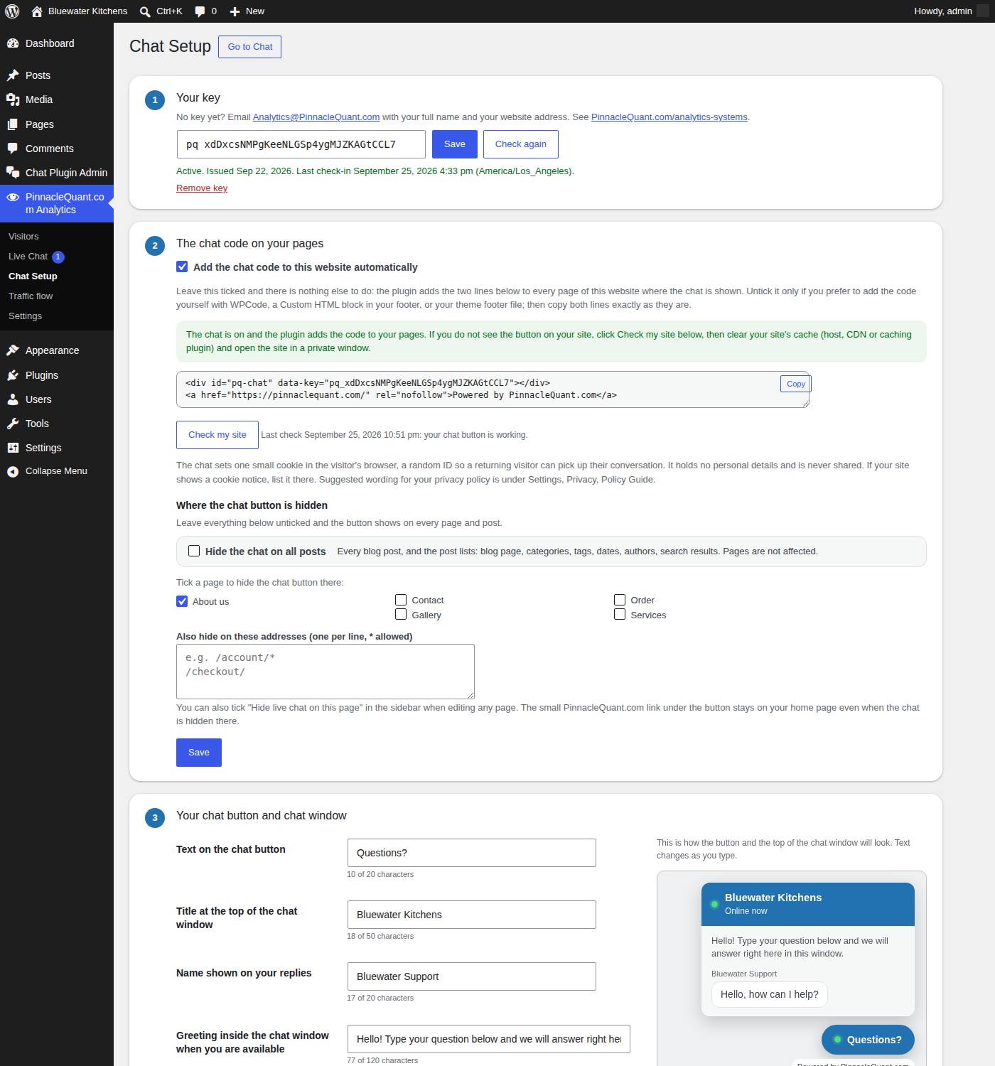 The Chat Setup page with the live preview of the button and the chat window