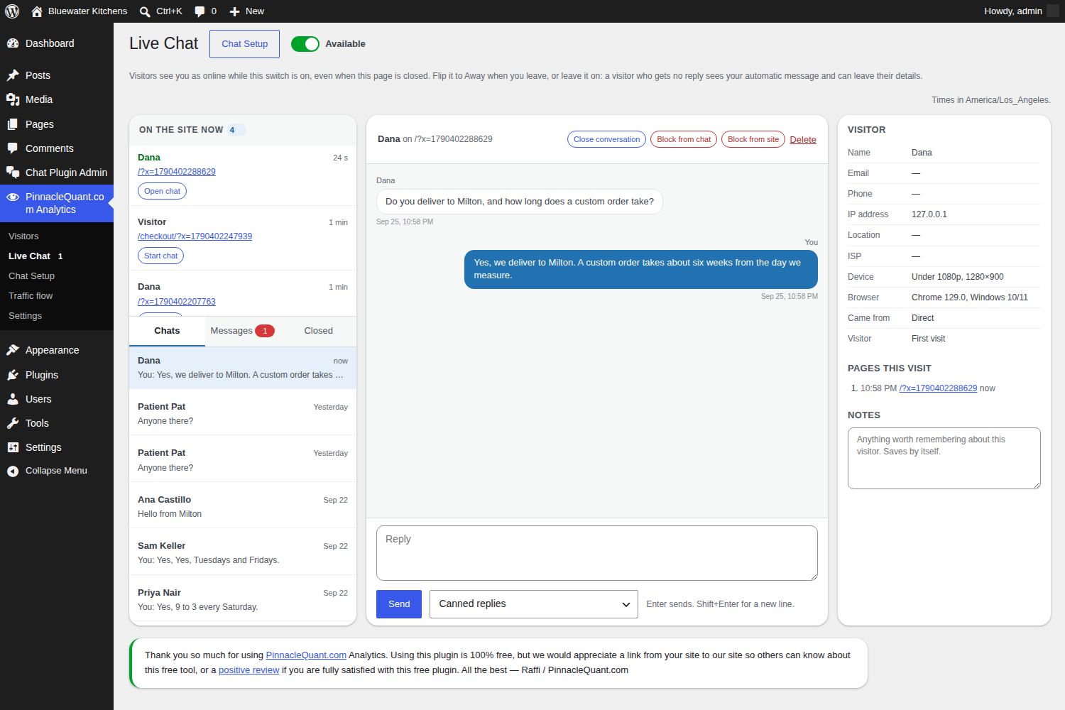 The Live Chat page in the WordPress admin: who is on the site now, the chats, the conversation and the visitor details