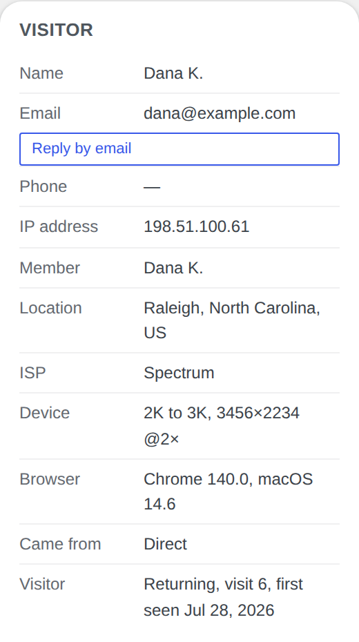 The visitor panel on the Live Chat page: name, email, IP address, member name, location, ISP, device, browser, where they came from, and the returning-visit count with the first visit date