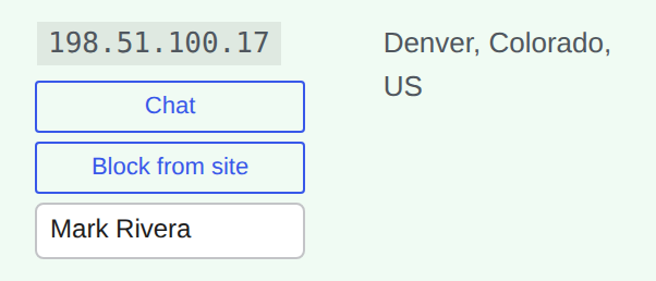 A visitor row with the Chat and Block from site buttons and the note box filled in with a name