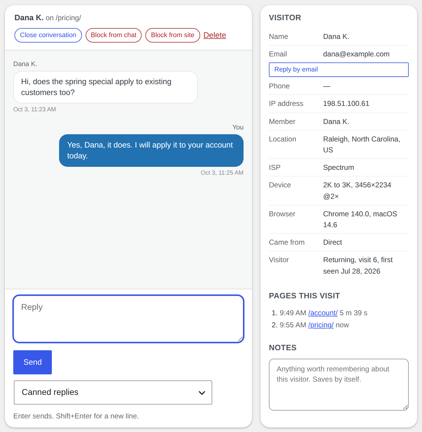 The Live Chat page: a conversation with a visitor beside a panel showing their details and the pages they are reading